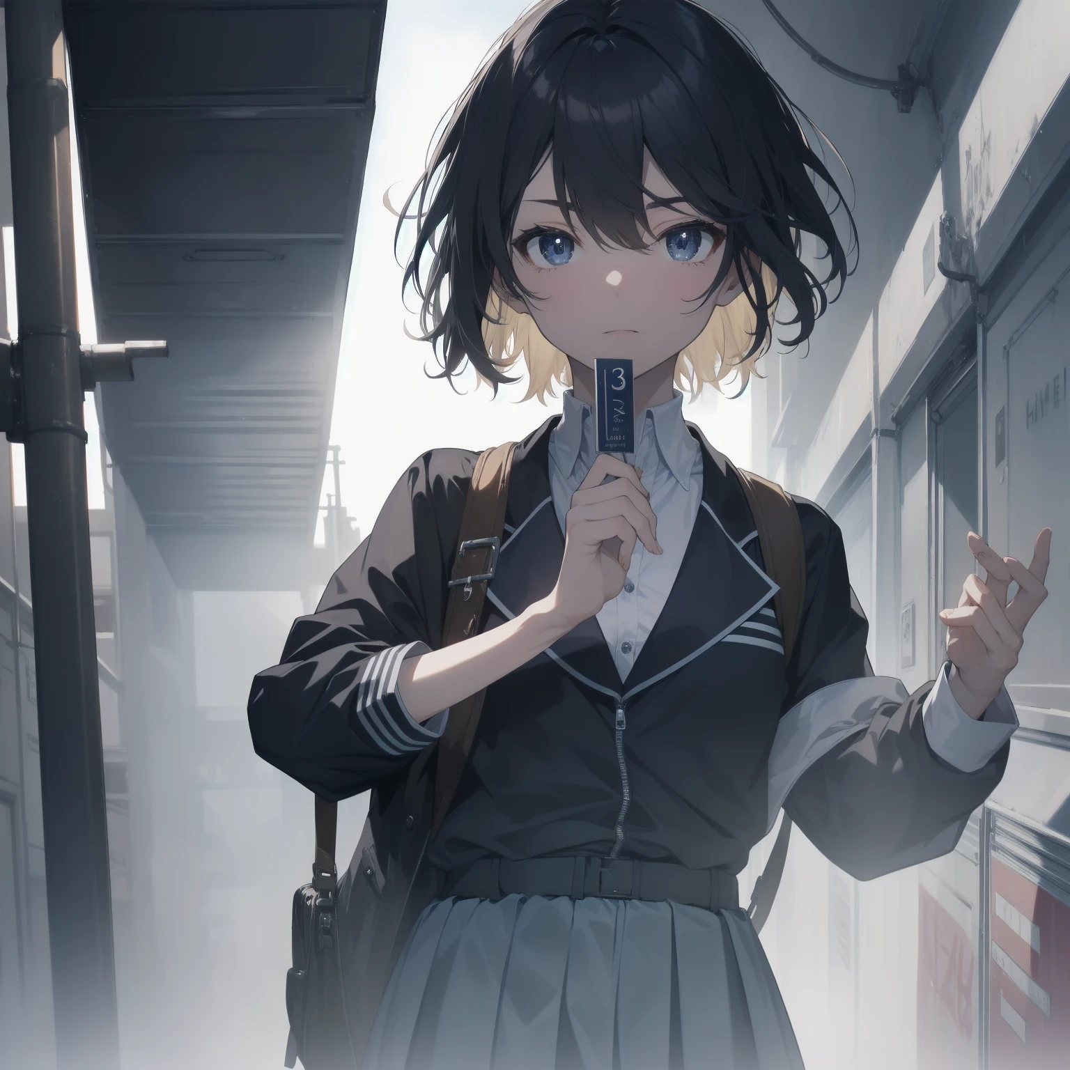 ultra-absurdres-Top quality by artist God, ultra-detailed, high resolution, anime moe artstyle, best anime 8k konachan wallpaper, pixiv contest winner, pool:2810, perfect anatomy,break, 1girl, (Please draw a girl walking sleepily to school alone. )break,(Solo,little female, 13-year-old:1.3),Full limbs, complete fingers,a junior high school student, (very short hair), short cut, flat chest, , small butt, small black eyes, beautiful detailed eyes, well-proportioned iris and pupils, expressive eyes, highres detailed hair, soft expression, salor school_uniform, sailor collar, serahuku, bow, pleated skirt,(Detailed Lighting), (Detailed background), in the School commute route. break,super detailed skin, Best cinematic lighting powered by famous artist, 8k,beauty illustration,photoshop_(medium),very aesthetic,break,((artist:ayu_(mog) )), artist:clamp ,artist:carnelian ,artist:kantoku ,