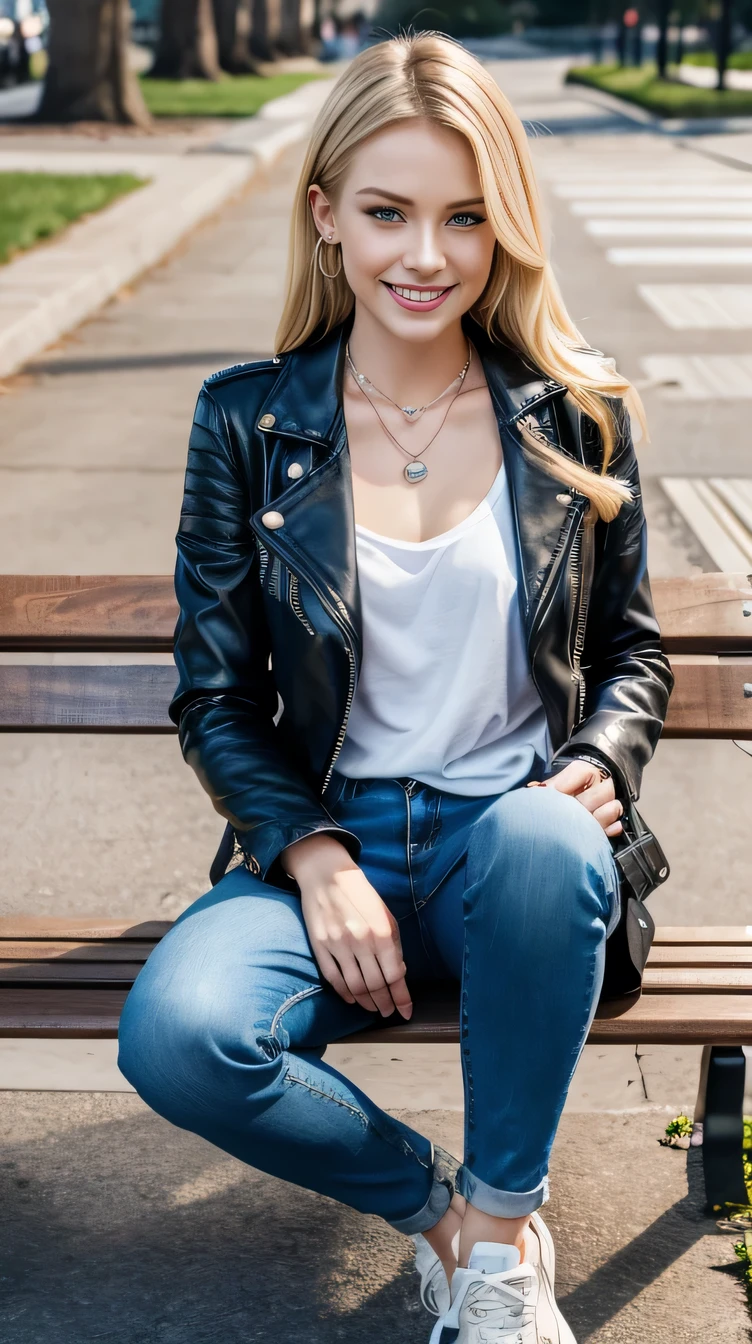 8k wallpaper, Beautiful Caucasian Woman、Full body photo、,sitting on a park bench、leather jacket、shirt、Skinny jeans、sneakers、、Necklace around the neck、 blonde 、blue eyes、ear piercing、smile、Beautiful teeth alignment、
