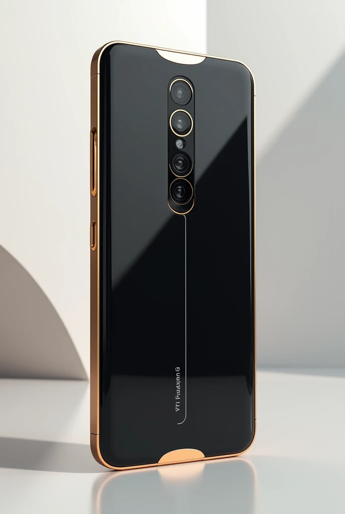 Create an image of a high-end cell phone of the future with 3 vertical cameras, matte black, glass back and gold edges, the main screen that has no edges, the design is similar to that of the phone 15 pro max but glass back and gold edges