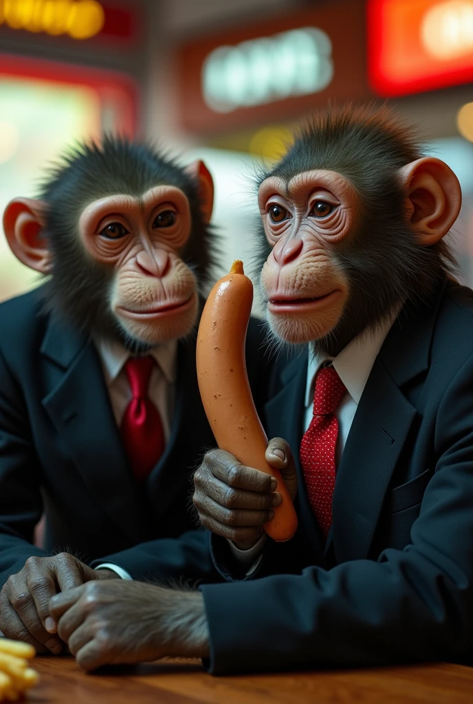 Two monkeys in suits with mafia qualities robbing a Burger King with a sausage and chips