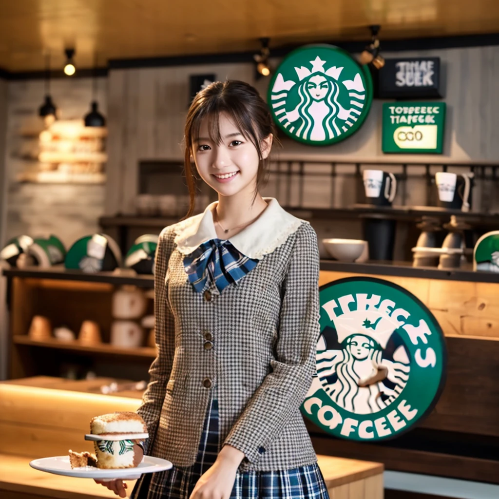 
8k、RAW Photos、Highest quality、Super detailed、Super Resolution、Ultra HD、8k wallpaper、Amazing details
((A girl in a blazer uniform ((White blouse with formal collar, Blue Blazer, 
Red Check Skirt, Red checkered ribbon on blouse)), Complete limbs, Full Finger, ))
(((((((Inside the Starbucks store、-yeld hischool girl)))))))、((((((Sit down and eat cake、Drink coffee、smile))))))、((Heart Necklace))
((((((White skin))))))
8k、RAW Photos、Highest quality、masterpiece:1.2、Super detailed、Super Resolution、Ultra HD、8k wallpaper、Amazing details、Photorealistic:1.4、Having fun by the water、Full Body Shot、Full body photo、High-resolution RAW color photos、Professional photos、A scene full of emotion、Very detailed and beautiful、Ultra HD、8k wallpaper、Amazing details、Huge file sizes、Highly detailed beautiful girls、Highly detailed face Highly detailed eyes、Extremely realistic skin、 Highly detailed fingers, Highly detailed nose, Highly detailed mouth, Perfect Anatomy, Highly detailed background, Highly detailed clothing, Teen, cute女の子, Famous Japanese Idols, cute, Realistic body, Slender, White skin, Glowing Skin, Slim body, Realistic Face, Delicate eyes, double eyelid, 
