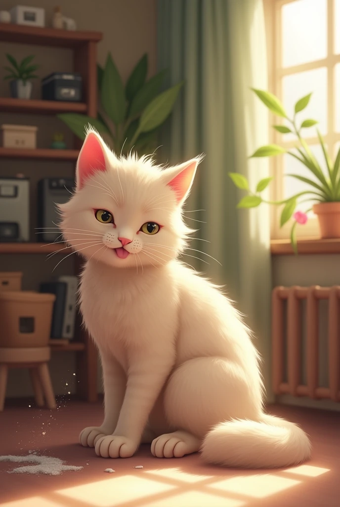 The cat is cleaning the house