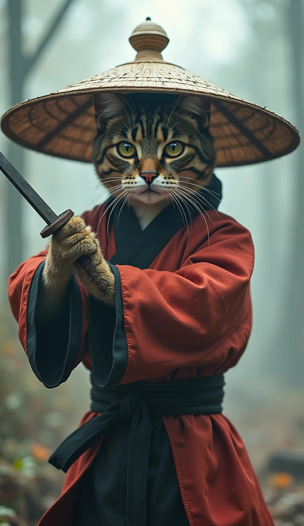 Create an image of a cat standing upright in traditional East Asian attire, wearing a wide bamboo hat on the head, wielding a sword with its right paw extended forward in an assertive stance ( Close-up of the face ), set against a misty backdrop to convey an atmosphere of ancient martial arts mastery.