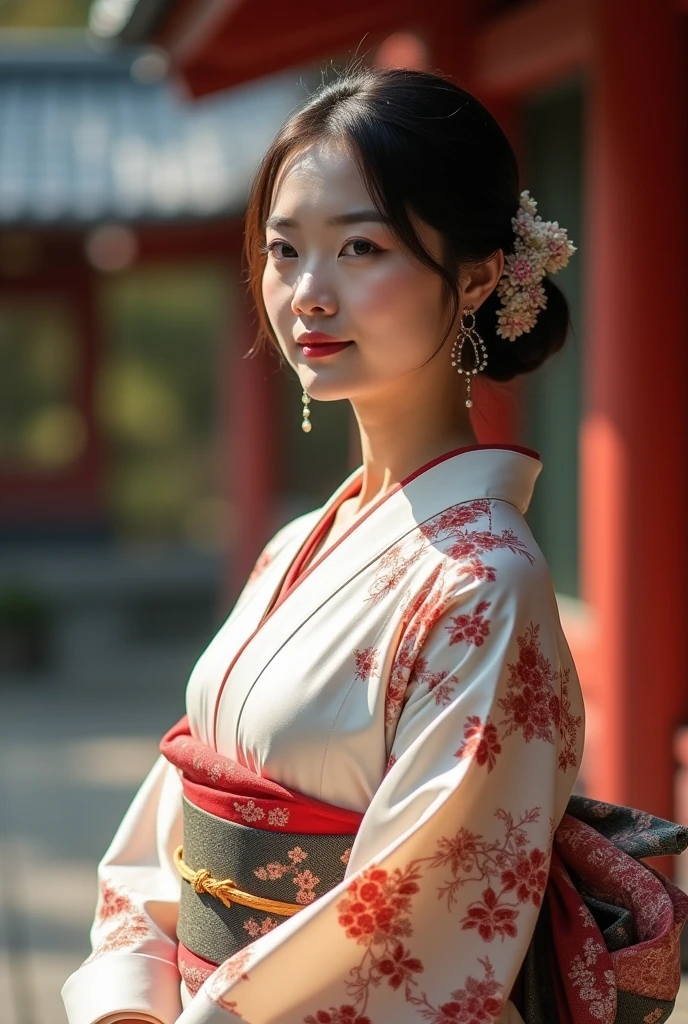 Elegantly dressed Japanese woman at a temple in Kyoto、Chest close-up and calm expression.、It represents her inner peace and outer charm..。