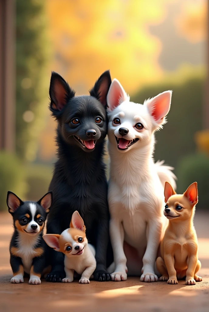 (photorealism:1.2), Black Scottish Terrier marrying a white Chihuahua and having children who play