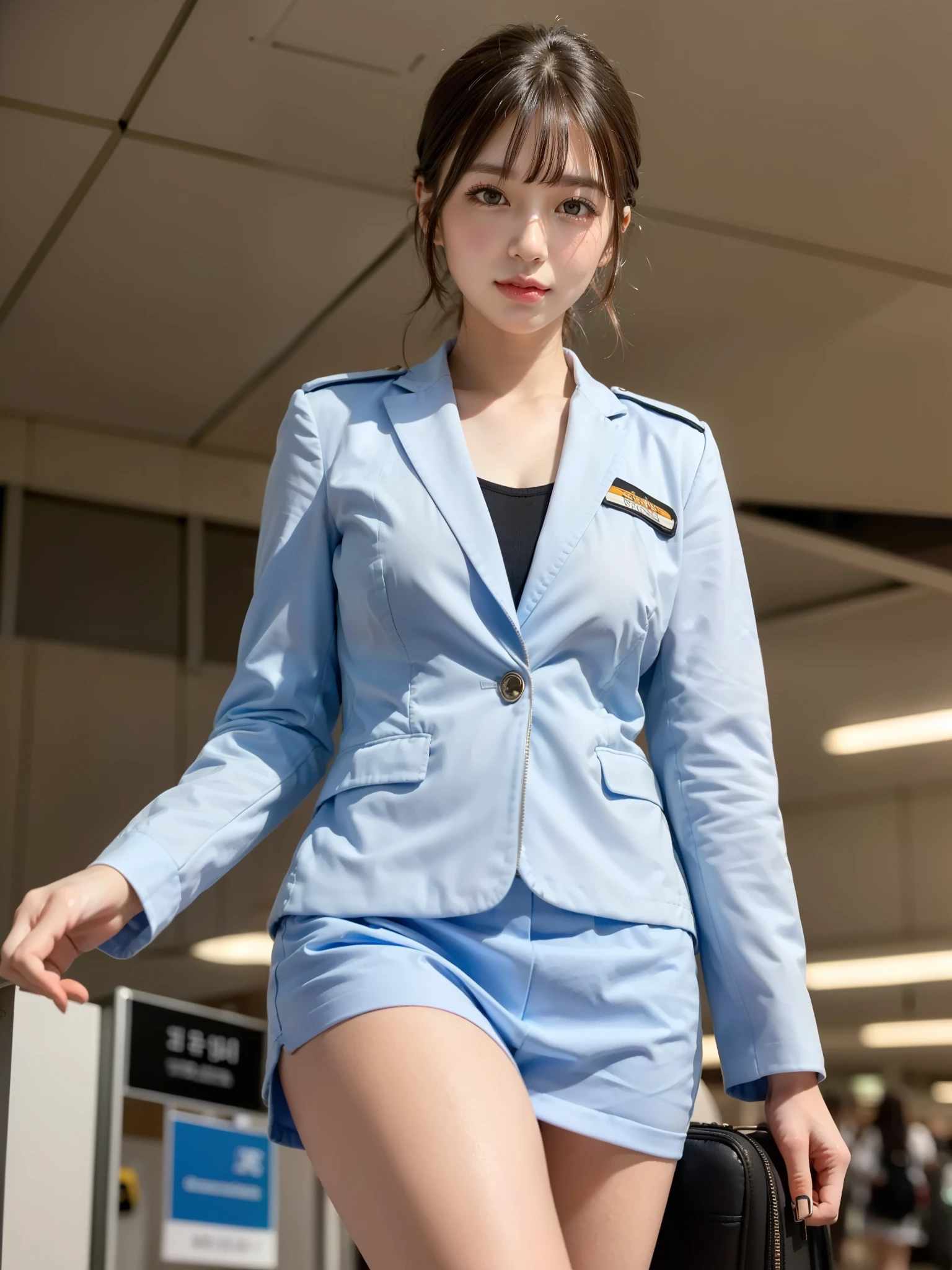 ((Best of the highest quality, 8k, Masterpiece, raw photo: 1.2)), (Sharp focus: 1.2), (1 AESPA, slim body type female, 21 y/o: 1.1), (solo: 1.28), (realistic, photo-realistic:1.37), cute face, finely eyes, (droopy eyes: 1.32), (Emphasize prominent aegyo-sal with bright: 1.2), shimmering eyeshadow applied under the lower lash line, paired with thick, (small breasts, flat chest, Thigh: 1.3), (short messy hair, bangs, updo: 1.2), (airline uniform, jacket: 1.32), walking airport terminal, (from below: 1.12),