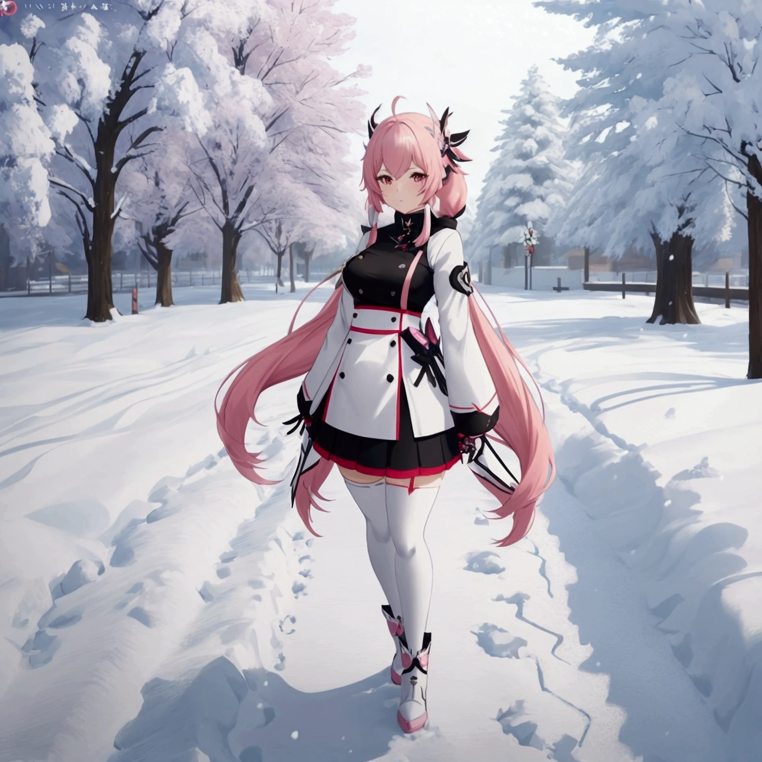 Anime girl with pink hair and black and white outfit standing in the snow, Ayaka Genshin Impact, cushart krenz art key women, from the video game azur lane, ayaka game genshin impact, anime goddess, Best Anime 4K Konachan Wallpaper, blue lane style, azure lane characters, seductive anime girl, de Arknights