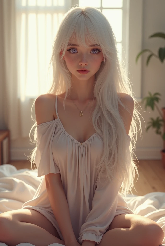 1girl, youthful, long_hair, ((smooth texture hair)) ((hazel eyes)), ((long white_hair)), ((purple eyes)), morning view, full_body, indoors, lips ((swept bangs)), ((sitting)), ((wearing pajamas)), very detailed and high resolution