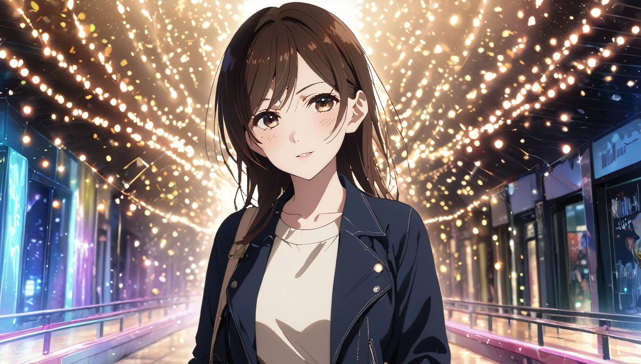 glittering lights, work of art, ultra detaild, Definition of 8k, beautiful  face, 1 girl, Chizuru Ichinose , casual clothes, women&#39;s shoulder bag, slightly slouched posture, closed mouth smile slim body, Fine body, ideal body, Tokyo city, people passing on the street, アニメ, chestnut hair, eyes browns, アニメ, long hair
