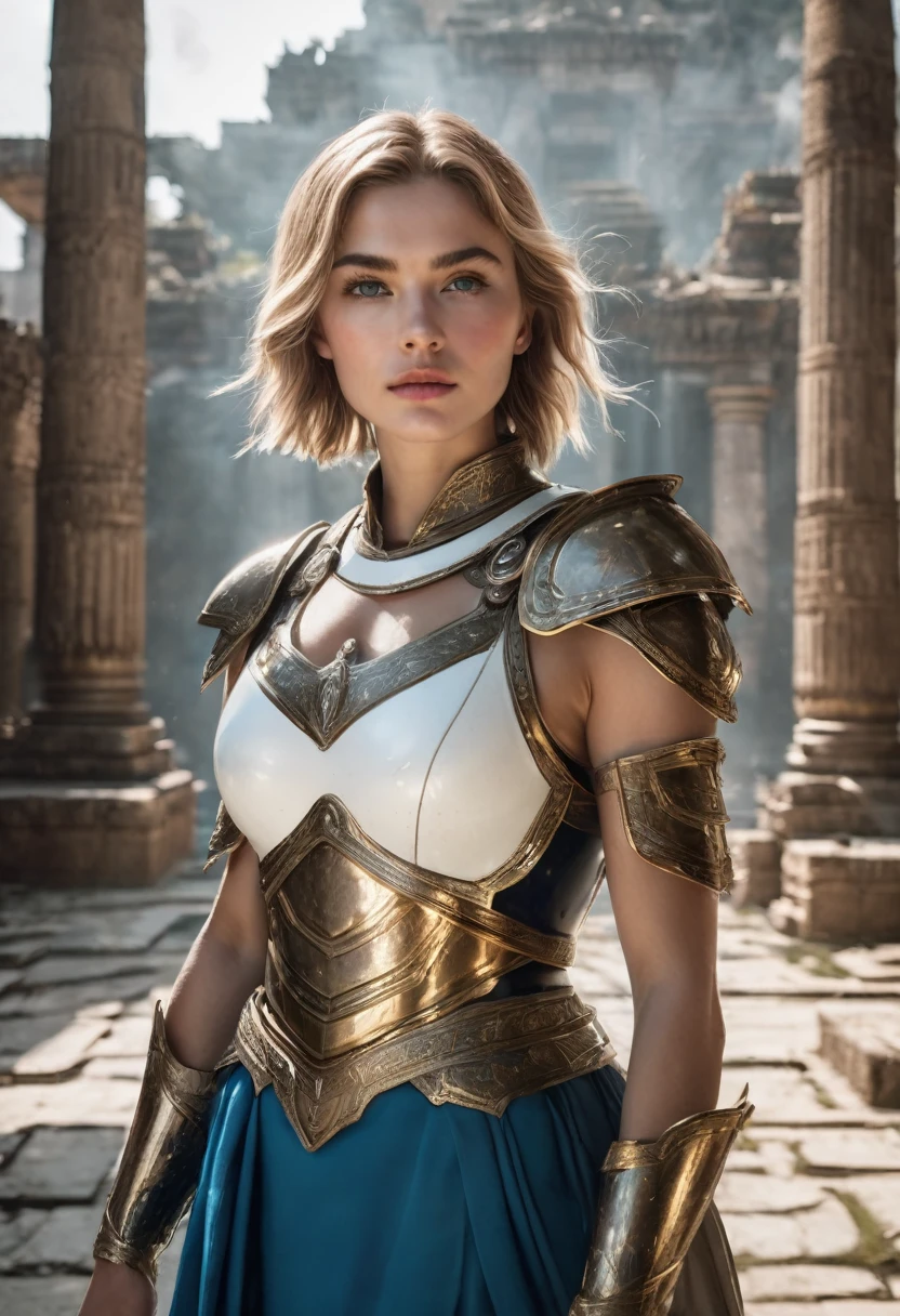 8 K, RAW photo, Best quality, masterpiece, realistic, photo-realistic, transparent, professional lighting, Beautiful face, Best quality,ultra high res BREAK Super realistic photo, (Light white theme, :1.3) Hero Woman,20 years,short hair,Golden hair,light brown hair,bright blue eyes,Simple makeup,split multilayer armor,complex and luxurious jewelry,belly exposure,exposed to influence,mystical and majestic ruins,(whole body, :1.4)(whole body, :1.4)(He tries to pull out the sacred sword., sealed in a ruined temple and lavishly decorated, which creates a mysterious and majestic atmosphere.: 1.4)(white armor with gold trim:1.3)navel exposed, full length
