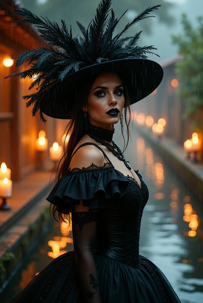 Un primer plano de una persona con una catrina, chica gótica de ensueño, Render elegante, foto de medio cuerpo, amante, renderizado de photoshop, rococó de ébano, elegant girl, espía femenina, inquietante hermosa mujer joven, super-hero girl, vestido extravagante, chica de belleza Hiperrealistic cinematic poster of GAL GADOT wearing a gothic vintage dress and a vintage hat adorned with LONG ostrich feathers, The scene is illuminated with tinted lighting CANDLES ON THE CHANEL IN XOCHIMILCO , BACKGROUND WITH TRajineras, creating a warm and mystical atmosphere. WITH A DAY OF DEAD OFFREND. GAL GADOT has calaveric make up, blending elegance with cultural heritage. Behind her, there is a natural water cHANEL surrounded by natural WOOD, with a bokeh effect in the background. Soft raindrops fall, gently illuminated by GLOW WORM t in the background. The poster has a standard cinematic size of 24x36 inches. Ultra-detailed, 4K resolution." 4k, hyperrealistic, cinematic lighting, vintage fashion, Day of the Dead, Catrina makeup, orange lighting, bokeh