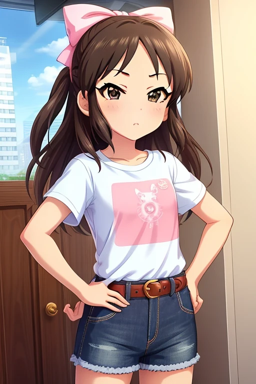 Tachibana Arisu, long hair, brown eyes, brown hair, bow, hair bow, blush, ribbon, looking at viewer, stand, hand own hips, white shirt, t-shirt, belt, denim shorts, shorts rolled