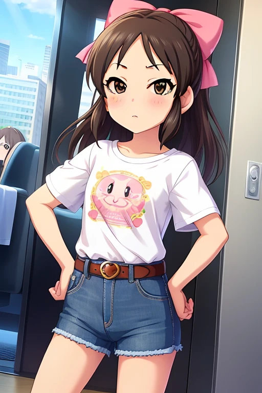 Tachibana Arisu, long hair, brown eyes, brown hair, bow, hair bow, blush, ribbon, looking at viewer, stand, hand own hips, white shirt, t-shirt, belt, denim shorts, shorts rolled