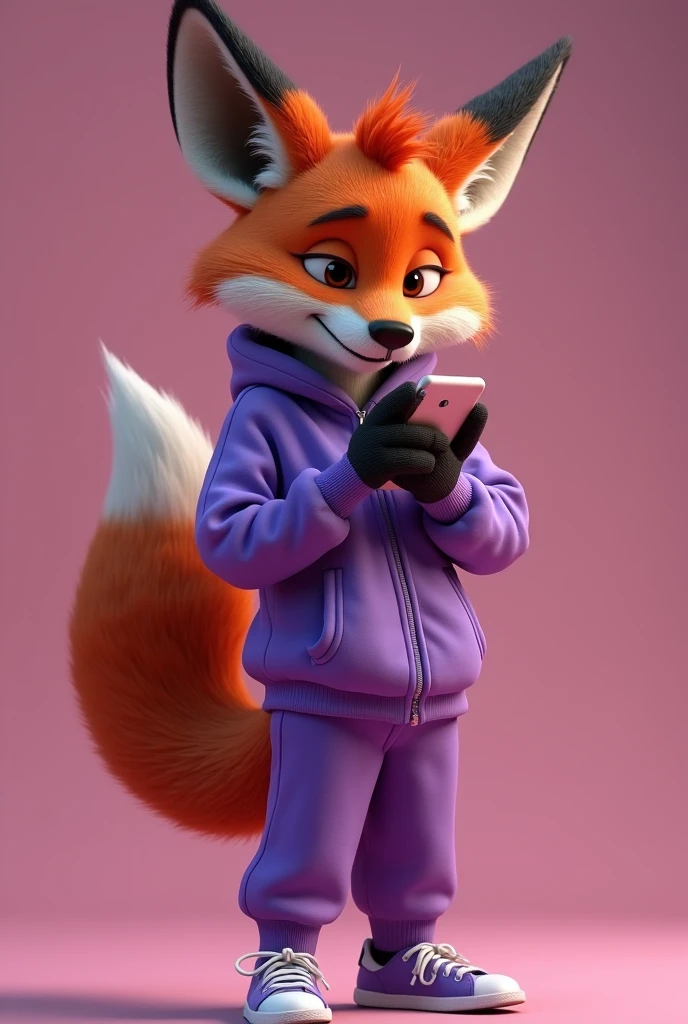 A disney pixar 4d style fox wearing a stylish purple tracksuit dropshipping using and showing off a stylish fashionable cell phone standing happily smiling covering his mouth with a look of contentment with what he is seeing on his cell phone a young mature fox covering his mouth with his hand and giving a slight smile