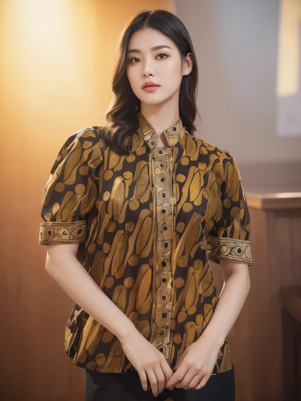 (masterpiece), (best quality), (digital painting), wide shot angle, 1 beautiful woman, thick eyebrows, curled eyelashes, facial details, long hair, Huge breasts, ((black batik shirt, cloth_pattern)), repeating pattern design, black short skirt, hips, background, shop street, 