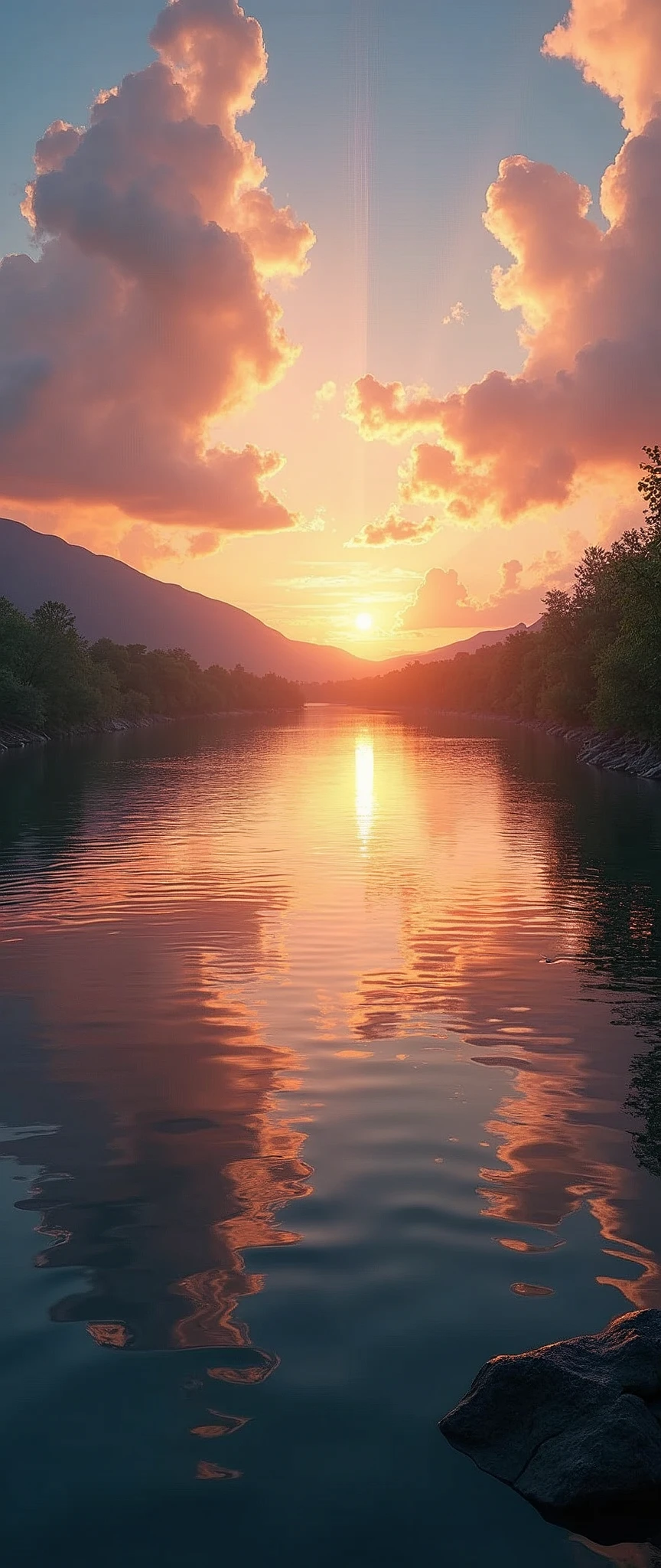 (masterpiece:1.2,Highest quality,Ultra-high resolution,Very detailed,Realistic,RAW Photos:1.2,Elaborate photos),8k,wallpaper,(Ray Tracing),Japan,(Majestic river,Beautiful water surface,Diffuse reflection of light,Calm,healing,Gentle Sunset),A photo that expresses clouds and flowing water
