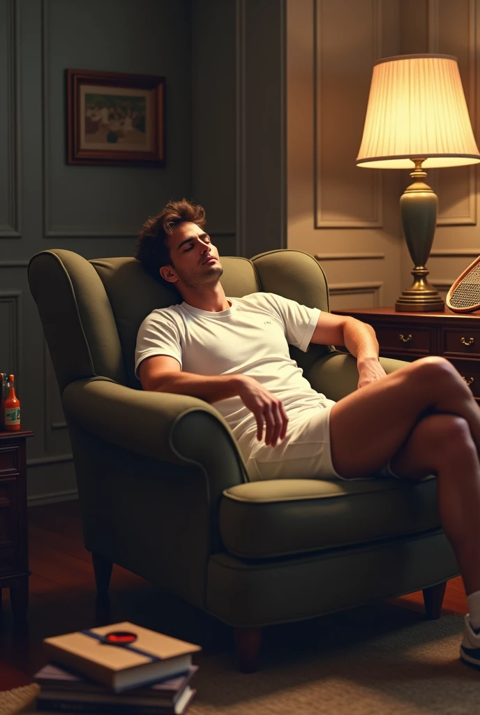 A tennis player sitting on an armchair