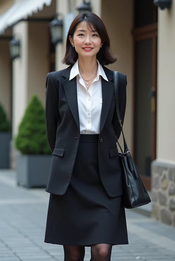 (SFW:1.0),1 Female,(55 years old),Japanese,Life Insurance Lady,photoRealistic,full body, abdomen,belly button, necklace, Realistic, Put your arms behind your back, {High heels, ((Black Pantyhose)), Business bag slung over shoulder, Anxious smile, background:Sidewalk in front of an old building