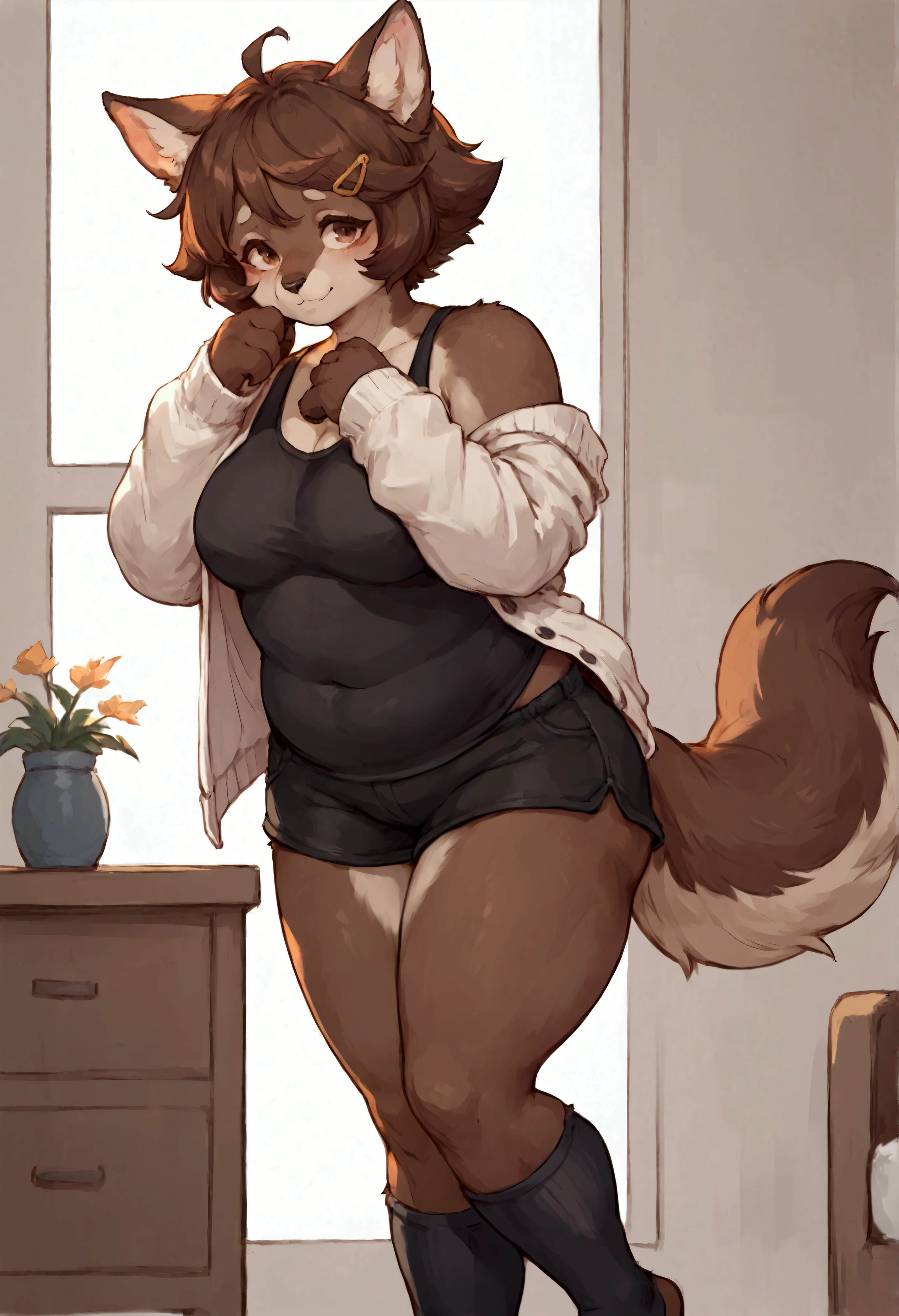 female anthro Snow leopard,Brown long fluffy hair, fluffy hair, squirrel ears, hyena, big breasts, attractive,turtleneck  dress, thicc body, thicc body, thicc, freckles, freckles on face, neutral expression, smug eyes, high heels, she is standing (thick thighs:1.5) squatting , spreading legs,focus on butt, watch your back, biki big butt sexy butt sexy but invitation (low angle view) (dark blue panties)