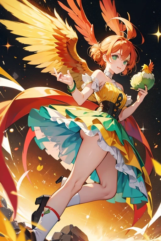 Beaker is a yellow, orange, green and red striped girl chicken with yellow wings, beak, and tail, and a red crest and feet. SPARKLE; GLITTER