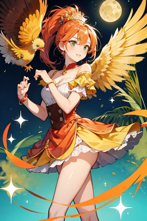 Beaker is a yellow, orange, green and red striped girl  chicken with yellow wings, beak, and tail, and a red crest and feet. SPARKLE; GLITTER