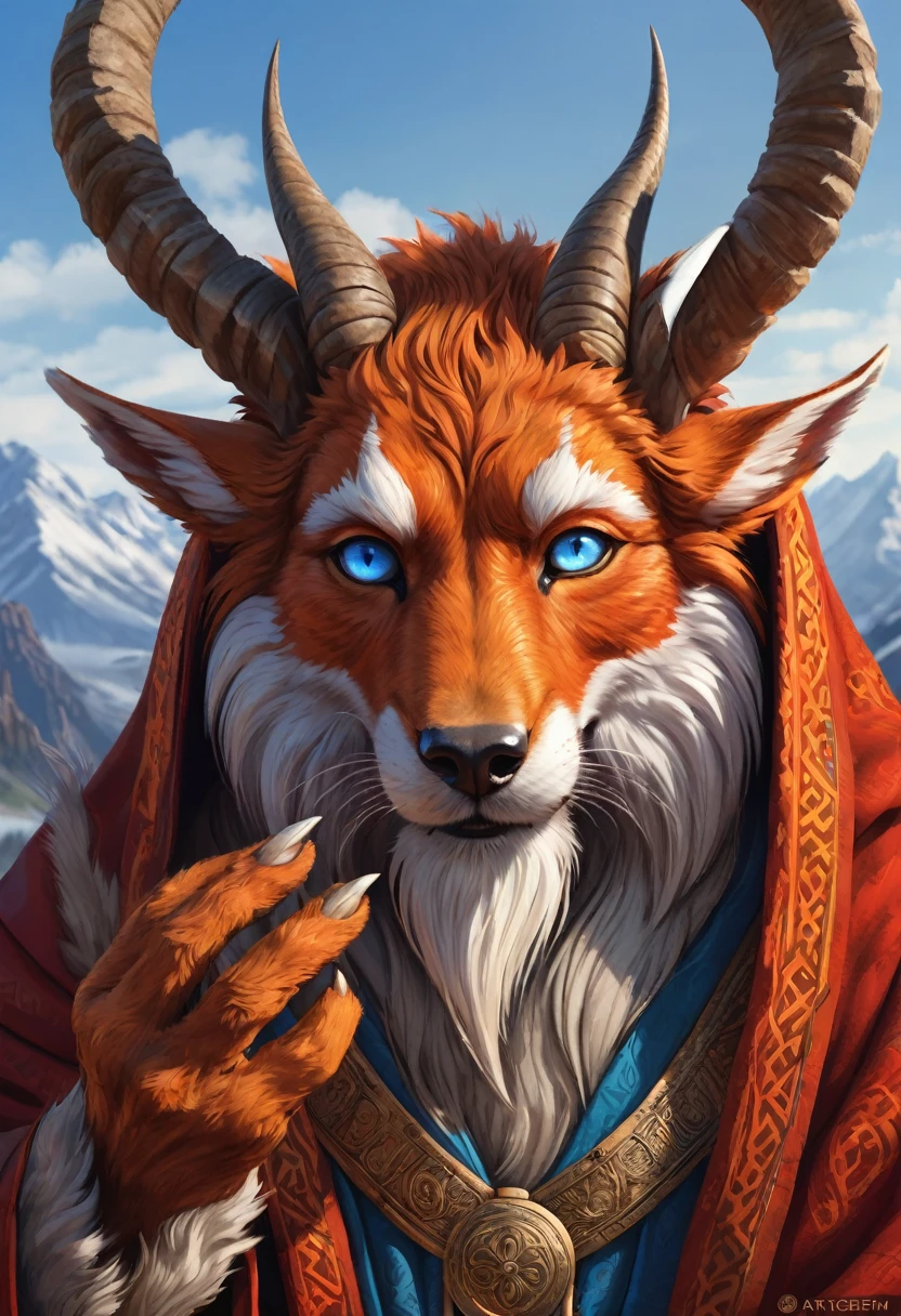 Anthropomorphic geriatric kitsune-satyr monk. red fur. Old, wrinkled ancient, decrepit. Crystal blue eyes. wise face. wizened. long detailed fingers. Official Art – An Award-Winning Digital Masterpiece In 4K Ultra HD, Extreme Detail And Intricate Realism. Symmetrical Face. This bright and colorful Concept Art Brought To Life By The Hands Of Artists Like Wlop & Artgerm In A Stunning 2D Vector Illustration. Background Is A Panoramic Vista.