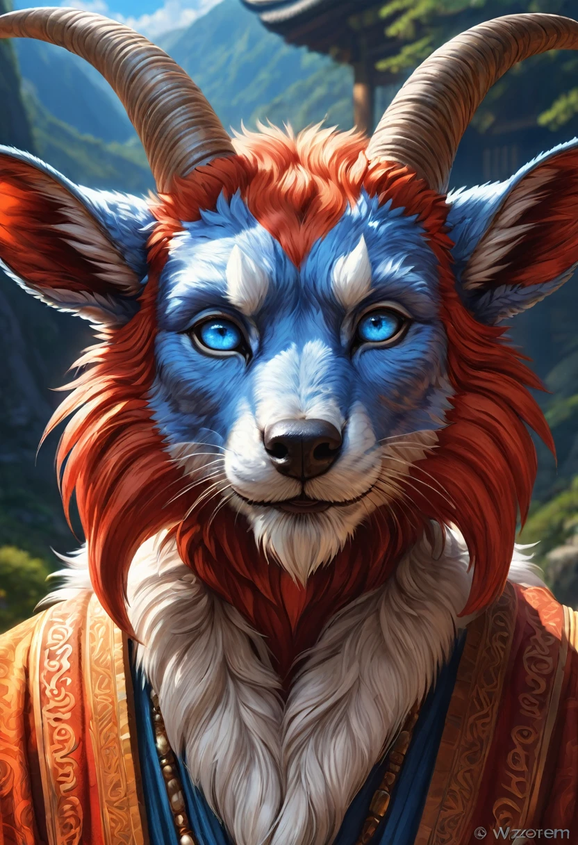 Anthropomorphic geriatric kitsune-satyr monk. red fur. Old, wrinkled ancient, decrepit. Crystal blue eyes. wise face. wizened. long detailed fingers. Official Art – An Award-Winning Digital Masterpiece In 4K Ultra HD, Extreme Detail And Intricate Realism. Symmetrical Face. This  bright and colorful Concept Art Brought To Life By The Hands Of Artists Like Wlop & Artgerm In A Stunning 2D Vector Illustration.  Background Is A Panoramic Vista.
