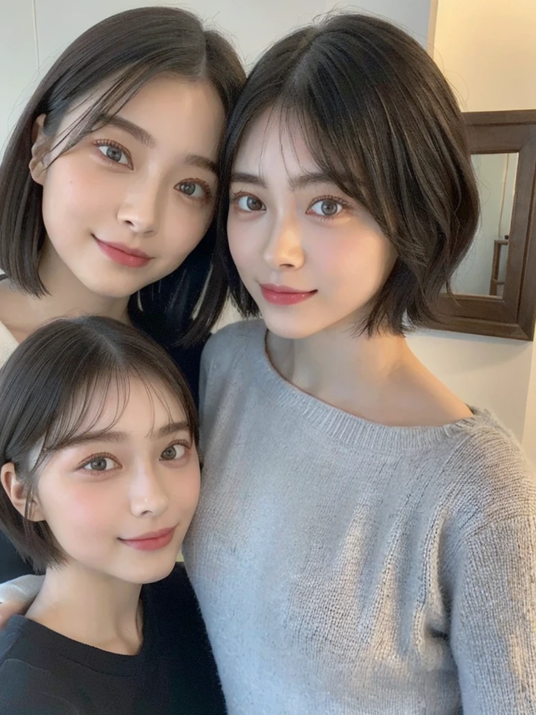 (masterpiece:1.3), (8k, Photoreal, Raw photo, best image quality: 1.4), Japanese high school girl、(random hairstyle:1.2)、cleavage:1.5、super detail face、eye for details、double eyelid、chest to chest、sharp focus:1.2、Beautiful woman:1.4、light brown hair、highest quality、masterpiece、超A high resolution、(Photoreal:1.4)、Highly detailed and professionally lit smiles、loose and light knitwear、shoulder out、thin、serious expression、short haired、deadly position
similar identical twins
All the girls have the exact same face, The two have the same face and figure, as if they were mirror images.