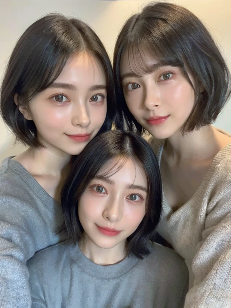 (masterpiece:1.3), (8k, Photoreal, Raw photo, best image quality: 1.4), Japanese high school girl、(random hairstyle:1.2)、cleavage:1.5、super detail face、eye for details、double eyelid、chest to chest、sharp focus:1.2、Beautiful woman:1.4、light brown hair、highest quality、masterpiece、超A high resolution、(Photoreal:1.4)、Highly detailed and professionally lit smiles、loose and light knitwear、shoulder out、thin、serious expression、short haired、deadly position
similar identical twins
All the girls have the exact same face, The two have the same face and figure, as if they were mirror images.