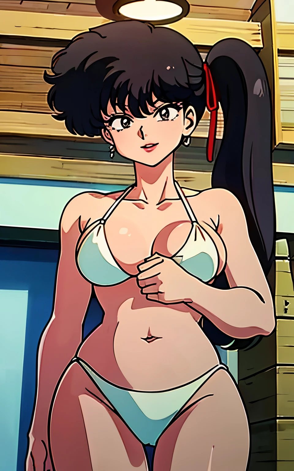 ((masterpiece, Highest quality, case)))), High resolution、8k、1990s、Brick wall、1 girl,alone, kodachi kuno (, Black hair side ponytail 、Long upper eyelashes、Thin lips、Round jaw、White Bikini、,Skin color(light brown)))), Huge breasts, Cleavage、Girl,Bright smile、I can see your belly、Detailed skin, Autora Rumiko Takahashi、Angle from below、Put your right hand on your chest