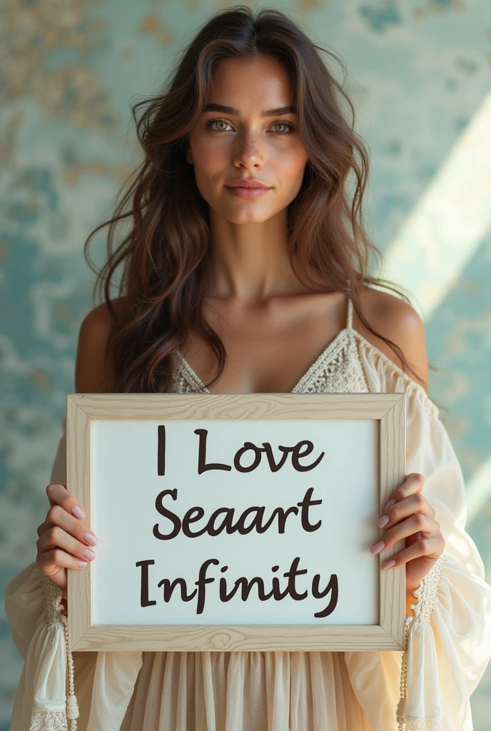 Beautiful girl with wavy long hair, bohemian dress, holding a white board with text "I Love Seaart Infinity" and showing it to the viewer