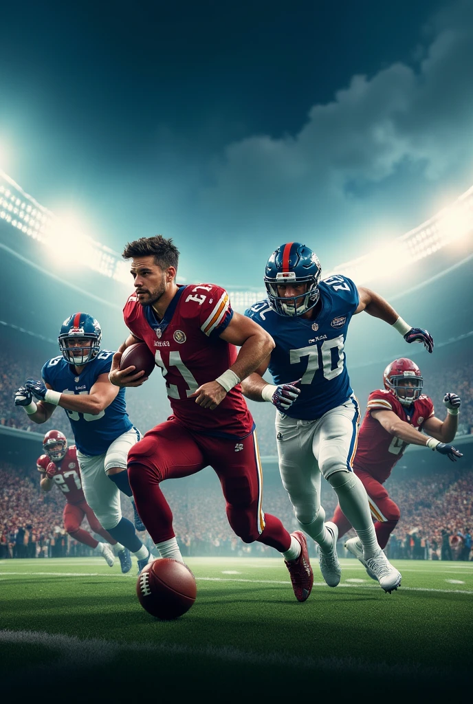 Make an image for streaming sale with football movie series content. Put text on the image and paste football 

