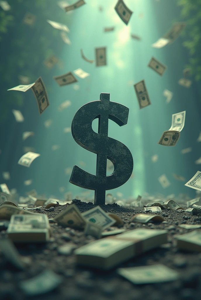 Dollar sign in the center thinking about the future with other dollar signs in the background and with money falling to the profile
