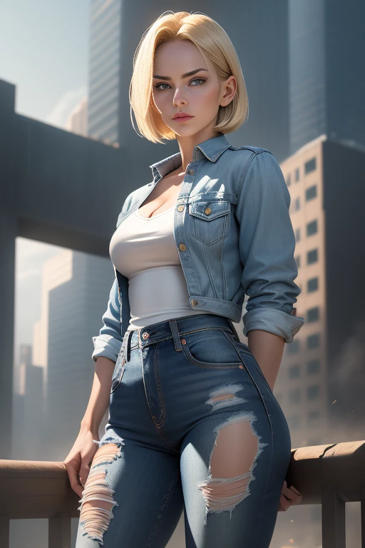 (1girl:1.4), (sfw), (clothed), (masterpiece), illustration,(realistic:1.5), (specular lighting:1.4), (hyperrealistic:1.2), (photorealistic face:1.2), (perfect face), (best quality), (8k), (4k), photorealistic, sharp focus, octane render, best quality, extremely detailed, intricate, hyper detailed, fantasy, soft lighting,(medium breasts:1.4), (skindentation:1.3), android 18 from Dragon Ball, looking down at viewer, after a fight, torn clothes, Android 18, tight blue jeans, perfect body, denim jacket, shirt with horizontal stripes, perfect hands, suspicious face, excited to fight, short blonde bob haircut, destroyed city in the background, one fist up