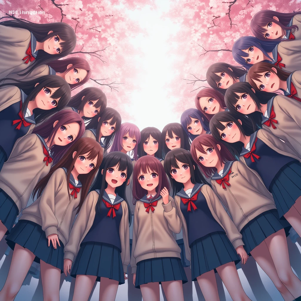 (Panoramic group photo of realistic schoolgirls SURROUNDING and looking down at the camera) . (highest quality, High resolution, masterpiece, realistic:1.2),(HDR, Bright colors), beautiful face, detailed facial features, pose for a photo, (close:1.3, seen from below), detailed expression, natural pose, CherryBlossoms background with fog, photon mapping