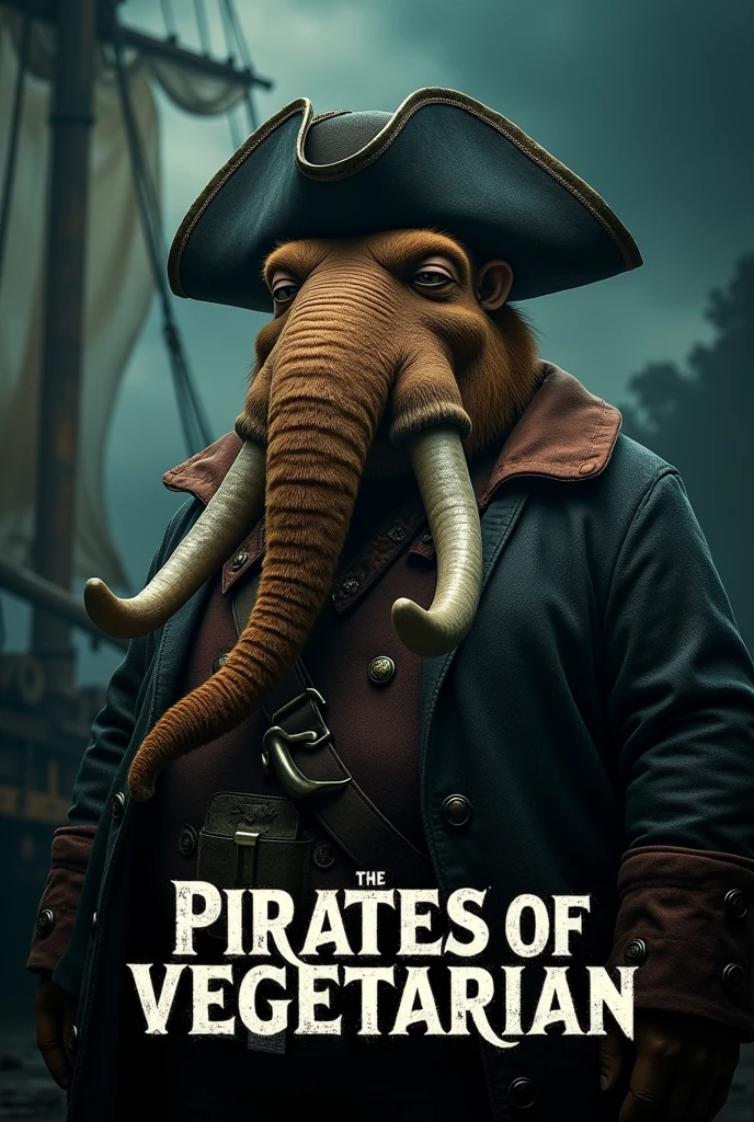 Create a cinematic poster featuring photorealistic portrait of Dressed animals - a ((fat)) mammoth pirate, , wearing  pirate costume and  pirate hat , with a serious, intense expression, He should be slightly off-center in the composition, The background should be dark and gritty, pirate's ship with smoky or grunge textures, Use a color scheme of black, deep blues, and dark greens, with subtle silver or gold accents to capture the show's mood, At the bottom of the poster, place the text "PIRATES OF VEGETARIAN" in large, bold, distressed letters, in a sans-serif font. The text should have a cinematic style, with slight shadow or glow effects to make it stand out against the background.