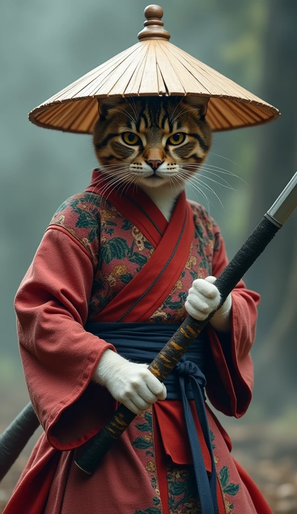 Create an image of a cat standing upright in traditional East Asian attire, wearing a wide bamboo hat on the head, wielding a sword with its right paw extended forward in an assertive stance ( Close-up of the face ), set against a misty backdrop to convey an atmosphere of ancient martial arts mastery.