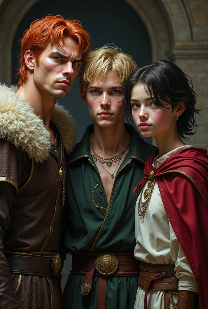 A realistic image of a red-haired adult with muscles and an angry face, a young blond man with a kind face and a dark-haired ager with a psychopath face, all in medieval clothing.