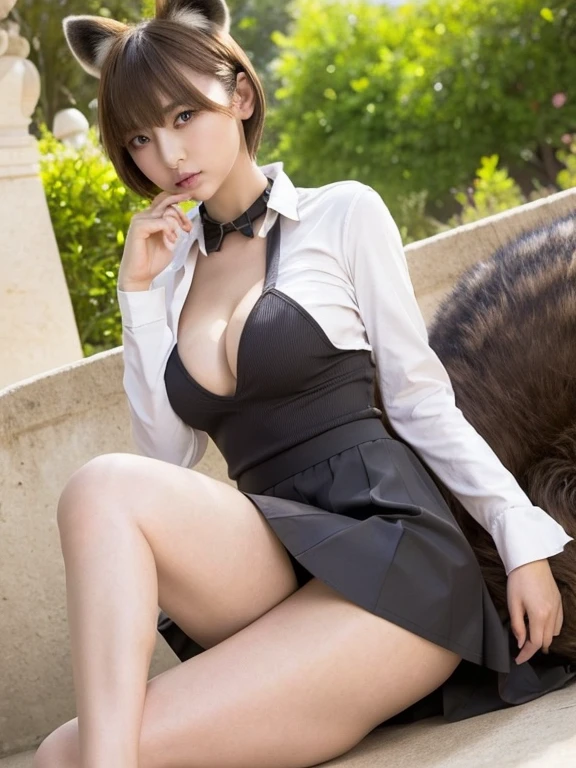 ((Highest quality, 8k)), ((masterpiece)), (Highest Resolution), Perfect Face, Raccoon-eared woman, Female college student, Beautiful woman, public, One tail, she has thick thighs, Big raccoon tail, She has a brown raccoon tail., She sticks out her tail, Embarrassed face, Fur collar, She is wearing a short skirt, Beautiful Hips , Big Breasts, The skirt is rolled up with a big tail