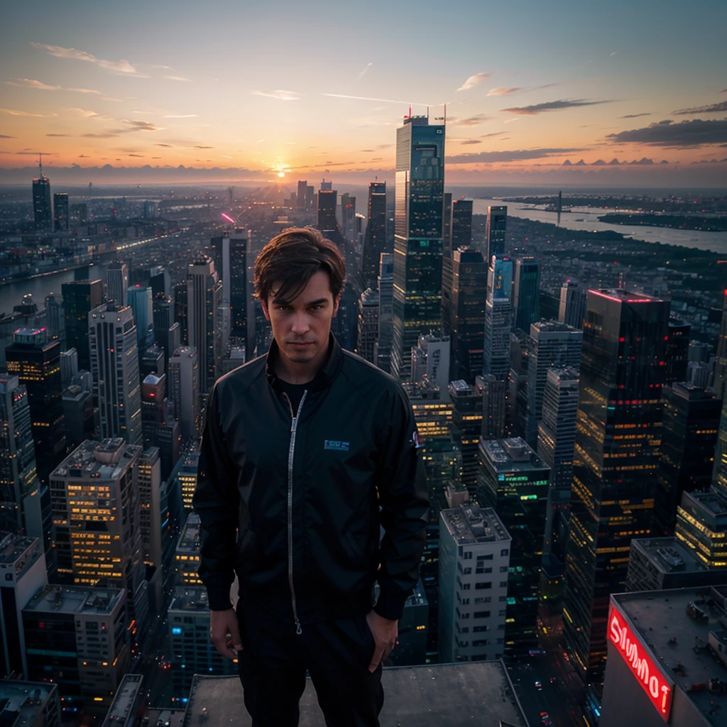 Prompt: “A man standing on a skyscraper rooftop at sunset, overlooking a bustling cityscape, with bright neon lights in the background, in hyper-realistic ultra HD detail.”