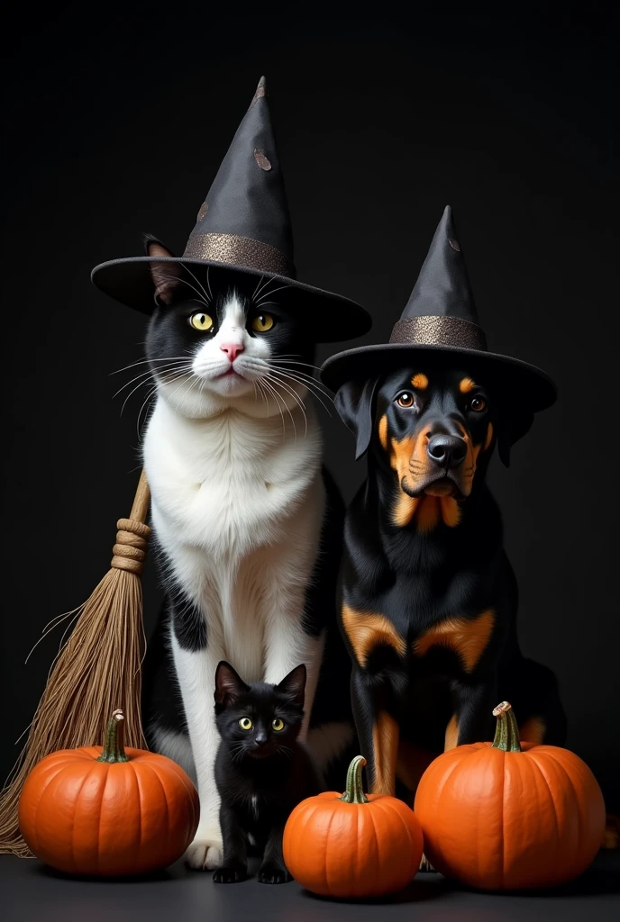 Realistic image of a large adult black and white cat with a black spot near its nose and wearing a witch&#39;s hat, a black kitten with a witch&#39;s hat and a large Rottweiler-style dog with a witch&#39;s hat, all with short fur, black backdrop, witch&#39;s broom and halloween pumpkins