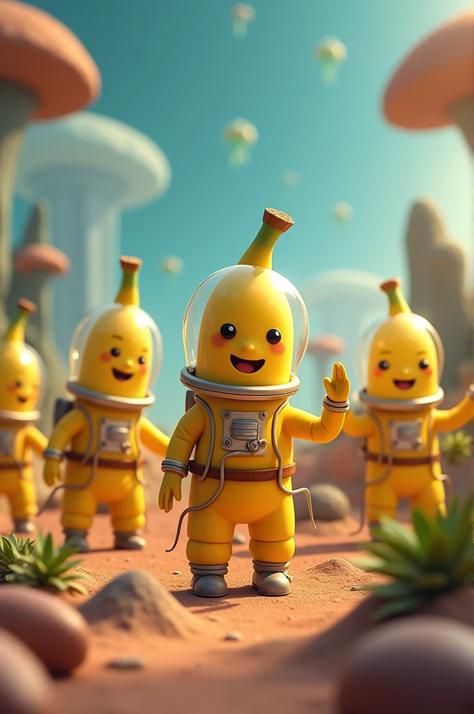 Generate a group of animated astronaut banana characters