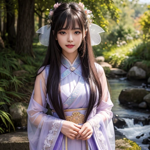 best quality, Delicate face，beautiful visual work, lifelike, eternity, black hair, Long curly hair, blunt bangs, Smile, Detailed Background, Delicate face，blush，cold，((masterpiece))、(top quality)、8k、high detail、Super detailed，21 years old female，Wearing Tang Dynasty Hanfu、waist skirt, Clothes are light and fluffy，Hanfu, wide sleeves, Transparent sleeves, Tunic, Clothes made of chiffon, Seductive and whimsical style、masterpiece、born、Scenes resembling fairy tale illustrations、Intricate details and complex designs、Beautifully、magic、capricious、 Beautifully、Dream aesthetics、「𝓡𝓸𝓶𝓪𝓷𝓽𝓲𝓬、ethereal、charming、fickle、magic」、Realism、Visual effects、FXAA、SSAO、Shaders、voiceless、ambient lighting、Tone mapping、High resolution、Ultra high quality、Million pixels、(8K resolution:1.10)、8k、Below 8K、8K resolution、high detail、intricate details， (high quality:1.2、masterpiece:1.2、:1.21)、(21 years old female:1.21)、(Smile excitedly)、(Surrounded by a dream-like atmosphere、Model diagram，full-body shot，Normal 2 feet，Put your hands behind you，The protrusion of the breast is visible when wearing clothes, Large Breasts, H cup chest, antiquity, Xian Xia, gauze clothes, Soft and fluttering, Fairy, dream, fantasy, light, elegant, nature, Immortal, romantic, classical, ribbon, light purple clothes, By the stream