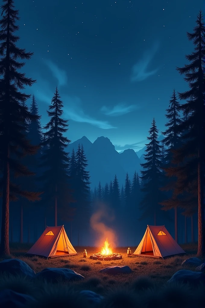 The image depicts a tranquil night-time camping scene set in a dense forest clearing. The sky is a deep blue, filled with twinkling stars and a few wispy clouds illuminated by the last light of dusk. In the center of the scene, there is a crackling campfire with glowing embers and a few lanterns placed around it. Two tents are set up on either side of the fire, their interiors warmly lit, casting a cozy glow. Tall pine trees surround the clearing, their dark silhouettes standing tall against the starry sky. The atmosphere is peaceful and inviting, capturing the serene beauty of nature at night.