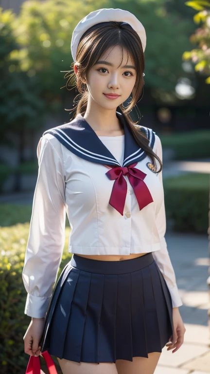 (A gorgeous Japanese idol, age 22 , wearing seifuku, school uniform, sailor moon, jk uniform, high-school uniform, red ribbon, sailor hat, knee high socks, at a botanical garden,
Easygoing expressions, kind smile, dimpled chins, cute snaggle-tooth, short bob hair ponytail, symmetrical face, realistic detailed face, beautiful detailed eyes, perfect body proportions, hourglass figure, ample round bosoms, huge breasts,
Raw photo, photorealistic, realistic portrait, hyper-realism, high contrast, ultra HD, realistic skin textures, top image quality, top-quality, super high resolution, fine details, very meticulously, masterpiece, medium shot, close-up shot, cowboy shot, High Angle Shot, bokeh background, SFW, Safe For Work)