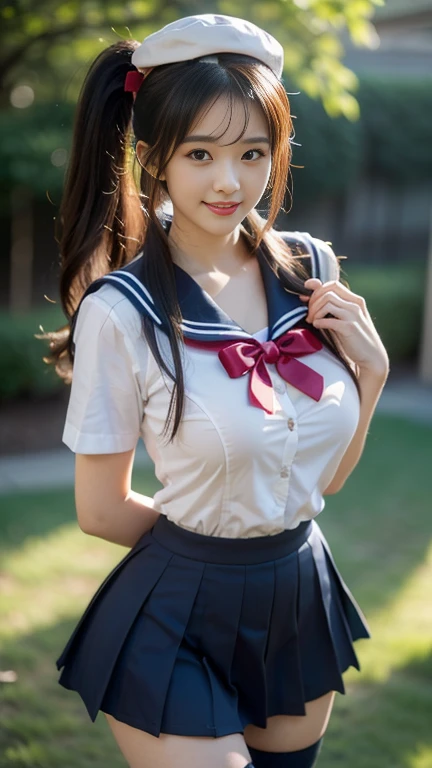 (A gorgeous Japanese idol, age 22 , wearing seifuku, school uniform, sailor moon, jk uniform, high-school uniform, red ribbon, sailor hat, knee high socks, at a botanical garden,
Easygoing expressions, kind smile, dimpled chins, cute snaggle-tooth, short bob hair ponytail, symmetrical face, realistic detailed face, beautiful detailed eyes, perfect body proportions, hourglass figure, ample round bosoms, huge breasts,
Raw photo, photorealistic, realistic portrait, hyper-realism, high contrast, ultra HD, realistic skin textures, top image quality, top-quality, super high resolution, fine details, very meticulously, masterpiece, medium shot, close-up shot, cowboy shot, High Angle Shot, bokeh background, SFW, Safe For Work)