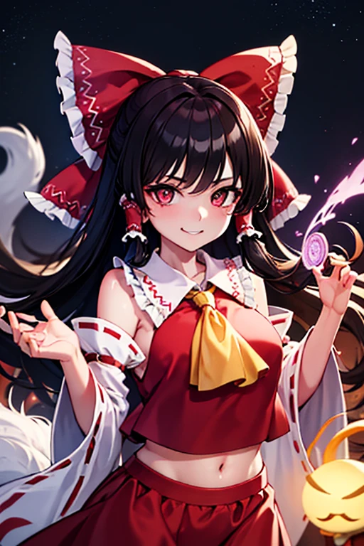 A glamorous purple-eyed Reimu with a devilish smile on her face as she summons a wolf monster with a pink summoning spell on a dark street at night