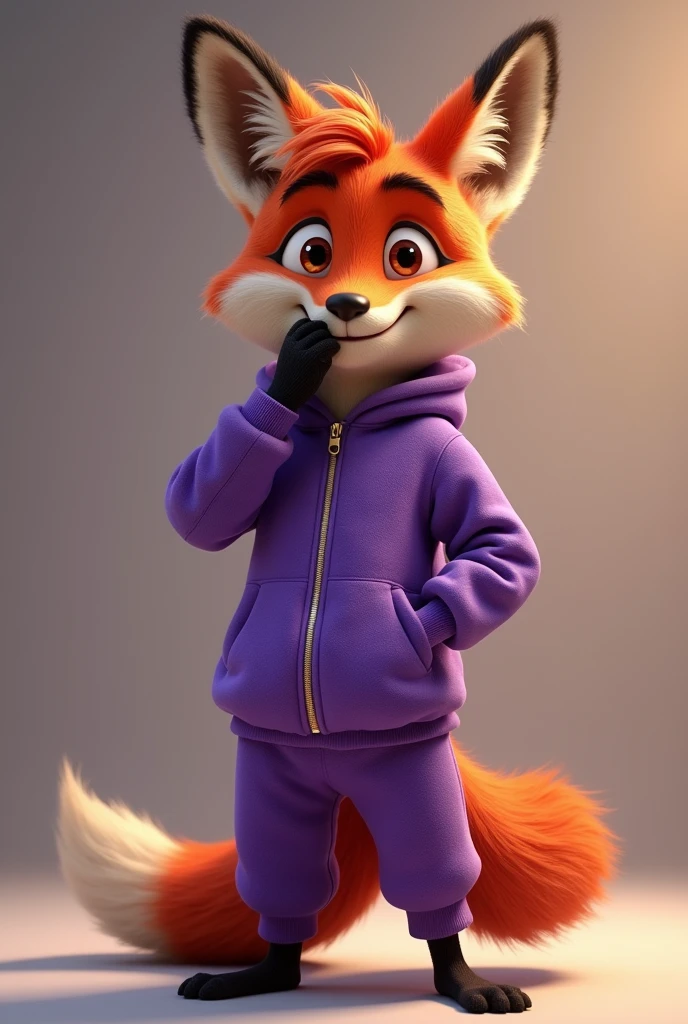 A disney pixar 4d style fox wearing a purple tracksuit and stylish dropshipping happy standing smiling covering his mouth with a happy look a young mature fox covering his mouth with his hand and giving a slight smile