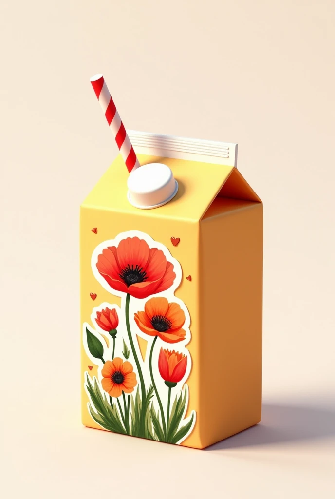 A juice box with a straw and a sticker with poppy flowers 