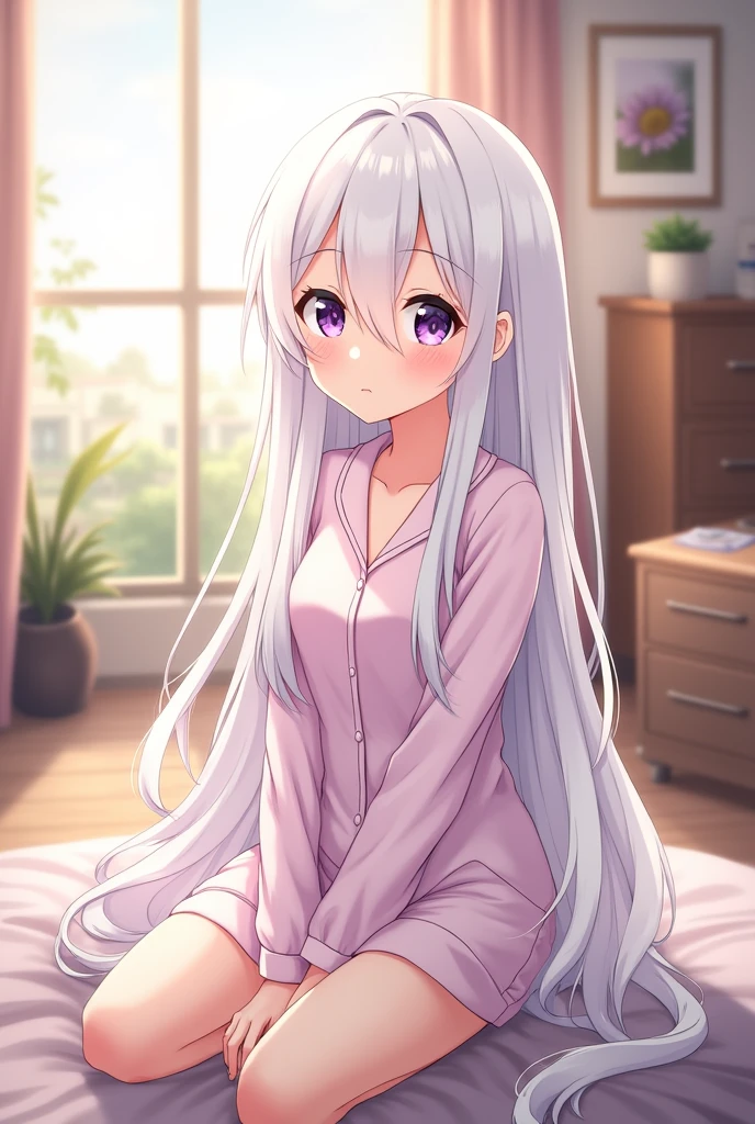 1girl, anime style, youthful, long_hair, ((smooth texture hair)) ((hazel eyes)), ((long white_hair)), ((purple eyes)), morning view, full_body, indoors, lips ((swept bangs)), ((sitting)), ((wearing pajamas)), very detailed and high resolution